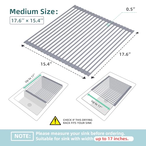 Ohuhu Over Sink Dish Drying Rack Silicone Wrapped 17.6" W x 15.4" L Large Over the Sink Roll Up Dish Drainer - Foldable Sink Drying Rack Rolling Drain Mats Anti-Slip Multipurpose for Kitchen Counter