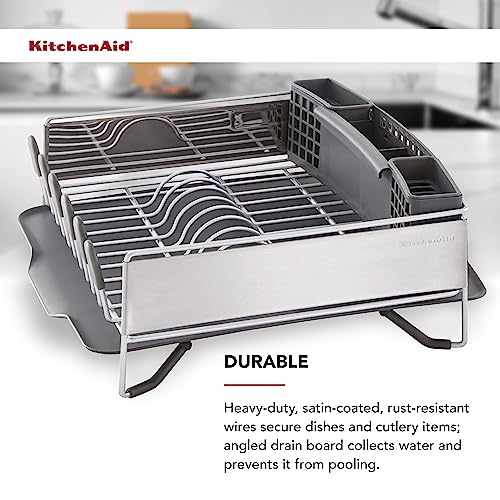 KitchenAid Compact, Space Saving Rust Resistant Dish Rack with Removable Flatware Caddy and Angled Self Draining Drainboard, 16.06-Inch, Black