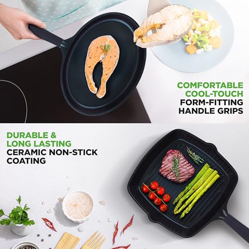 NutriChef Non Stick Frying Pans Set, 5-Piece Blue Diamond Ceramic Cookware with Lid, Nonstick Frying Pan for Gas, Electric, Ceramic & Induction Cooktops, PTFE/PFOA Free, Bakelite Soft-Touch Handles