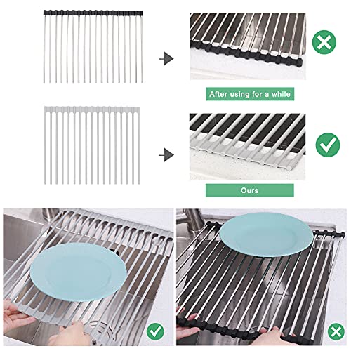 Roll Up Dish Drying Rack Over Sink, 17.5" x 13" Silicone Coated Stainless Steel Sink Drying Rack, Foldable Dish Drainer Rack for Kitchen Counter, Heat Resistant, Non-Slip, Space Saving, Gray