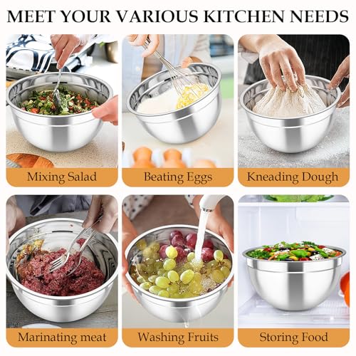 TeamFar Mixing Bowls, Stainless Steel Nesting Salad Bowls with Lids Set of 3 & 3 Grater Attachments, For Mixing/Serving/Storing, Non-toxic & Long-lasting, Size 4.6/3 / 1.5 QT, Khaki