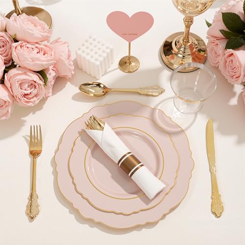 Liacere 350PCS Pink Plates Disposable-PinK Plates 50guest Baroque Plastic Dinnerware include 100Plates, 50Pack Pre Rolled Napkins with Silverware 50Cups Perfect for Wedding & Party & Baby shower