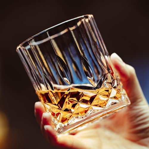 NORIMODA Whiskey Glasses Set of 4, 10oz Old Fashioned Bourbon Glasses with 4 Ice Ball Molds, Lead-free Rocks Glassware for Scotch, Liquor & Cocktails, Gift for Men