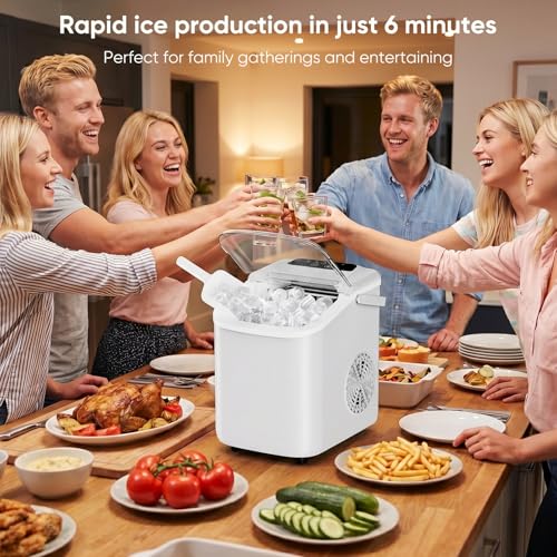 DUMOS Ice Maker Countertop, Ice Machine with Portable Handle, Basket and Scoop, 26lbs Daily, 9 Bullet Cubes in 6-8 Mins, Auto-Cleaning for Home, Kitchen, Office, Outdoors, RV Camping