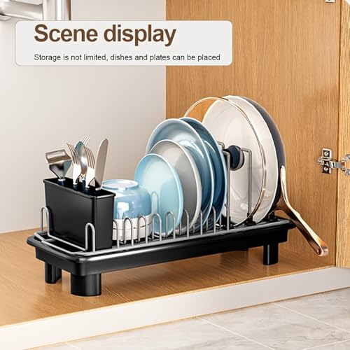 liucocotos Compact Dish Drying Rack for Countertop, Small-Sized for Dorms, RVs & Tiny Kitchens, Auto-Drain, Adjustable Slots, Rust-Resistant with Utensil Caddy & Sponge Holder (Black)
