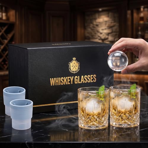 Qipecedm Old Fashioned Whiskey Glasses, Set of 4 (2 Crystal Bourbon Glasses, 2 Round Big Ice Ball Molds) In Gift Box - 11 Oz Rocks Glass, Barware for Scotch Cocktail Rum Vodka Liquor, Gifts for Men