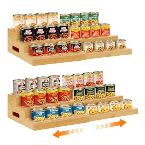 Aclema 2 Pack Bamboo Expandable Can Rack Organizer for Pantry, Stackable 3 Tier Canned Food Organizers and Storage, Kitchen Cabinet, Food Can Holders Dispensers for Pantry Up To 48 Cans