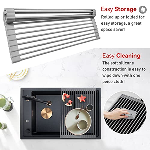 MERRYBOX Roll Up Dish Drying Rack, Silicone Wrapped Over The Sink Dish Rack Foldable Dish Drainer Anti-Slip Dish Racks for Kitchen Counter, Multipurpose Kitchen Sink Drying Rack, 18" x 13", Light Gray