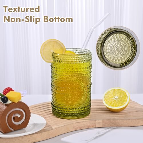 ZMOWIPDL Vintage Hobnail Drinking Glasses Set of 8,Green 12 oz & 15oz Highball Glass Cups, Kitchen Drinkware Glassware,Embossed Water Tumbler,for Beer,Cocktail,Whiskey,Juice and Various Mixed Drinks