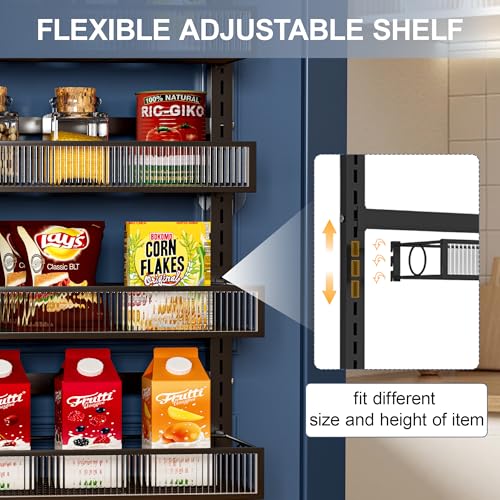 Clothink Over the Door Pantry Organizer 8 Tiers Hanging Door or Wall Mounted Spice Rack with Adjustable Acrylic Basket,Heavy Duty Metal Seasoning Storage Shelf for Kitchen Pantry and Bathroom