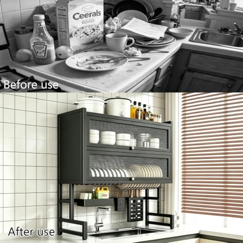 HQPMTGT Over The Sink Dish Drying Rack, Piano Lacquer, Thickened Steel Pipe, Over Sink Dish Drying Rack, Over Sink Rack, for Dishes, Glasses, Bowls, Cutlery Black 25.59in (Small)