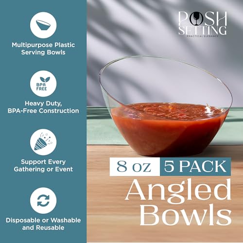 Posh Setting - Clear Plastic Serving Bowls for Party Angled Bowls Disposable Chip Bowls Candy Bowls for Party Table Salad and Fruit Bowls for Buffets Wedding Serving Bowls-Clear, 8 OZ, 5 Pack