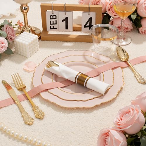 Liacere 350PCS Pink Plates Disposable-PinK Plates 50guest Baroque Plastic Dinnerware include 100Plates, 50Pack Pre Rolled Napkins with Silverware 50Cups Perfect for Wedding & Party & Baby shower