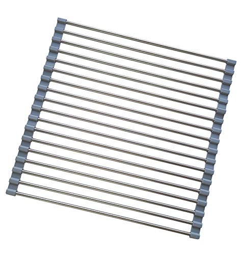 D DrNeeko Roll Up Dish Drying Rack, Stainless Steel and Silicone Dish Drying Mat Over The Sink Foldable Drain Rack Multipurpose Dish Drainer for Kitchen, 14.5” x 14”, Gray