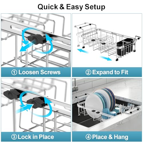 GSlife Small Over the Sink Dish Drying Rack - 9" W Expandable Stainless Steel Compact Dish Drainer for RV, Apartment, Camper, Kitchen, Dish Strainer with Lock Knob, Silver