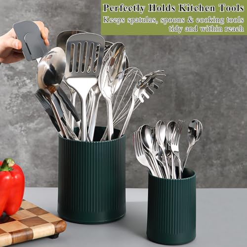 HOMQUEN 360° Rotating Utensil Holder, 6.3''+4.7'' Plastic Kitchen Utensil Holder for Countertop, Large Cooking Utensil Crocks for Kitchen Decor, Utensil Organizer for Spatula, Set of 2 (Green)