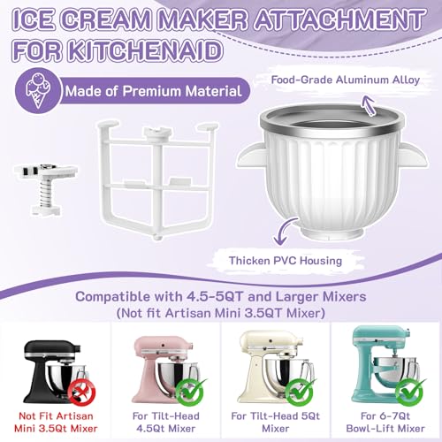 Ice Cream Maker Attachment for KitchenAid Stand Mixer, Fits 4.5Qt and Larger KitchenAid Mixers, 2 Quart Frozen Yogurt, Sorbet & Gelato Ice Cream Bowl by Focollk