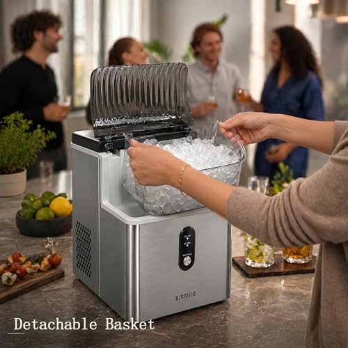 Kismile Nugget Ice Maker Countertop, Sonic Ice Maker with 35Lbs/24H, First Ice in 7 Mins, 1.2L Water Tank, Ice Basket Holds 2.2Lbs, Self-Cleaning Pebble Ice Machine for Home Kitchen Office Bar(Silver)
