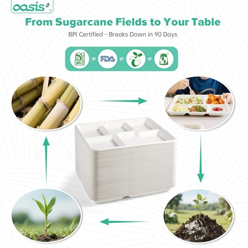 OasisSN 10x8 128-Pack 5-Compartment Divided Plates, Ideal for Light Meals, Kids Lunch, Meal Prep & Party, Heavy Duty Compostable Bagasse Plates, Microwave Safe, White