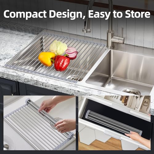 Sooseuo Over Sink Dish Drying Rack, 17" L x 11.8" W, Roll Up Dish Drying Rack for Kitchen, Gray