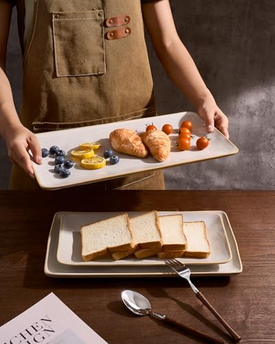 Famiware Serving Platter, Rectangular 15.67/14.1/12.6inch Serving Dishes for Entertaining, Microwave Dishwasher Safe, Stoneware Serving Trays for Party, Turkey, Cheese, Ocean Series, Cappuccino White