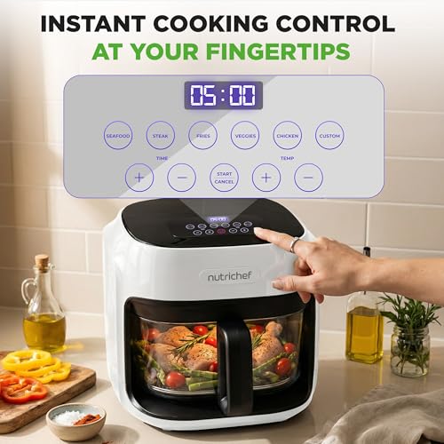 NutriChef Family Size 7.5 Quart Air Fryer | 6 Preset Cooking Modes | Glass Fry Bowl for Best Cooking | 360° Air Circulation | Cook Veggies, Steak, Fries, Seafood, Chicken & More | White