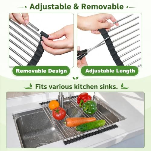 CHIRISEN Expandable Roll Up Dish Drying Rack Over the Sink Drying Rack for Kitchen Counter, Large Stainless Steel Dish Drainer Over Sink Dish Drying Rack Foldable, Collapsible, 21.14''x12'', 18Tube