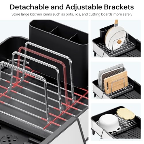 Urackify Large Dish Drying Rack - Triple Expandable Dish Rack for Kitchen Counter, Stainless Steel Sink Organization and Storage Essentials with Utensil & Pans Holder for Home and Appartment, Black