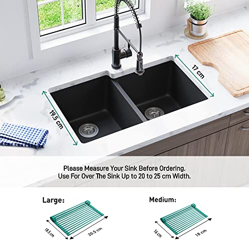 Bellemain Dish Rack Over Sink, Roll Up Dish Drying Rack | Silicone & Stainless Steel Dish Drainer, Dish Drying Mat, Space Saving Drying Rack (Green, Medium)