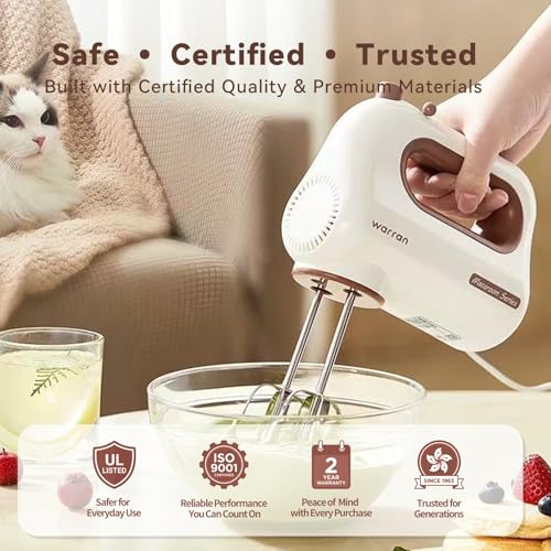 warran 300W Compact Lightweight Electric Hand Mixer, with Powerful Quiet DC Motor for Baking, Cake, Brownies, Cookie Dough, Ideal for Home Kitchen (White)