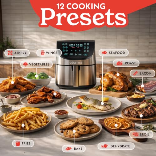 Gourmia Air Fryer - 8 Qt Extra Large Capacity, FryForce360º, Digital Display with 12 Presets, Roast, Bake, Broil, Dehydrate, Dishwasher Safe Accessories, Stainless Steel