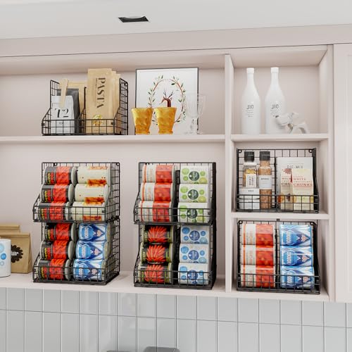 Stackable Can Organizer for Pantry with 2 Adjustable Dividers, Soda Can Organizer, Can Storage Dispenser Holds up to 28 Cans, 2 tier Metal Wire Baskets Can Holder for Kitchen Cabinet Pantry, Black