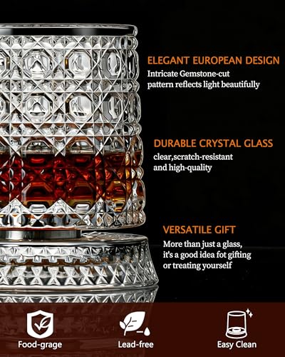 CEEFU Old Fashioned Whiskey Glasses with 360° Rotating Base, Set of 2 (2 Crystal Glasses Set, 2 Big Ice Ball Molds) In Gift Box - Bourbon, Cocktail, Rocks, Bday Gifts Ideas for Men, Gem Pattern