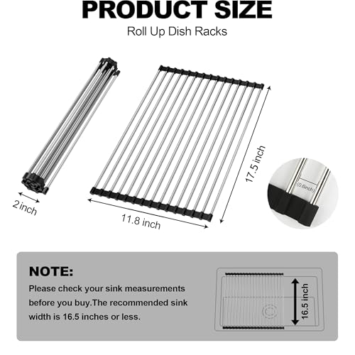NEZUIBAN Dish Drying Rack with Roll Up and Over Sink for Kitchen,17.5"x11.8",Black