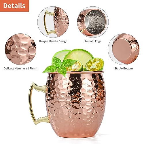 Amrules Moscow Mule Mugs Set of 4, 16 OZ Hammered Copper Cups with 304 Stainless Steel Lining and Gold Brass Handles, for Cold Drinks, Beer, Wine, Bars, Parties