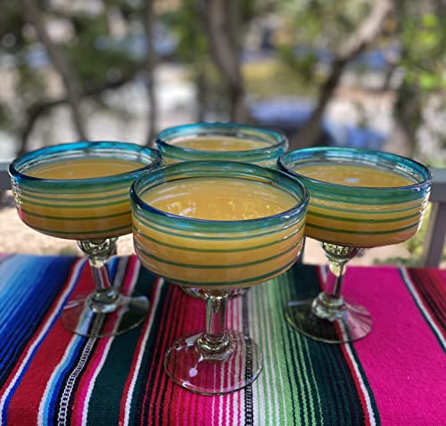 Dos Sueños Mexican Hand Blown Glass – Set of 4 Hand Blown Margarita Glasses (16 oz) with Aqua Spiral Design