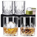 NORIMODA Whiskey Glasses Set of 4, 10oz Old Fashioned Bourbon Glasses with 4 Ice Ball Molds, Lead-free Rocks Glassware for Scotch, Liquor & Cocktails, Gift for Men