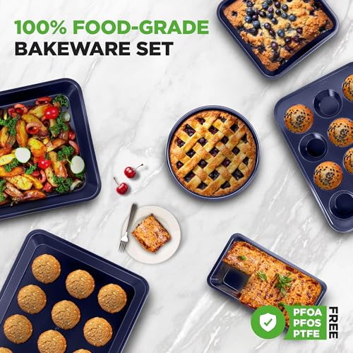 NutriChef 6-Piece Nonstick Baking Pans - Carbon Steel Non toxic Bakeware set with Cookie Sheets, Muffin, Loaf, Round & Square Pan - Restaurant Quality Baking Tray, Easy Clean, Dishwasher & Oven Safe
