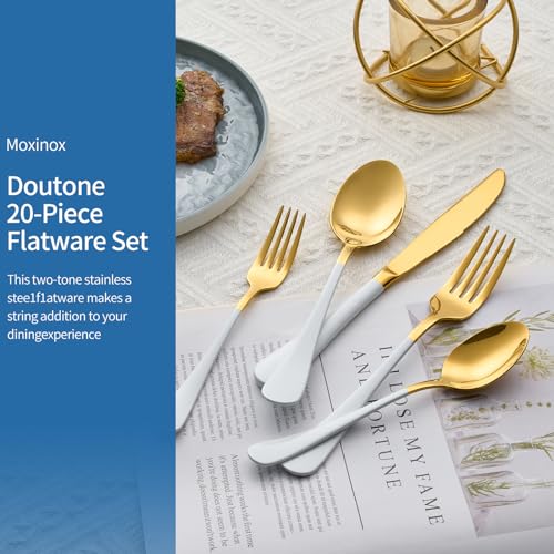 Moxinox 20-Piece White & Gold Silverware Set, 18/0 Stainless Steel Colorful Handle Flatware Set,Service for 4,Modern Cutlery Set Includes Dinner Knives Forks Spoons,Mirror Polished,Dishwasher Safe