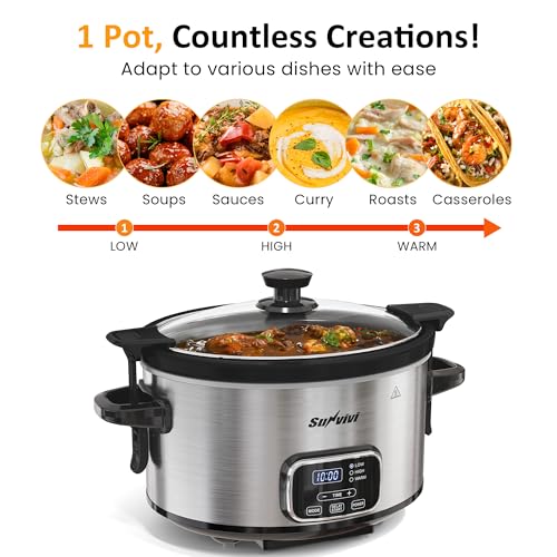 SUNVIVIPRO 4QT Programmable Slow Cooker with Removable Ceramic Pot, Locking Lid, 3 Heating Settings & Timer, Dishwasher-Safe, Stainless Steel Silver