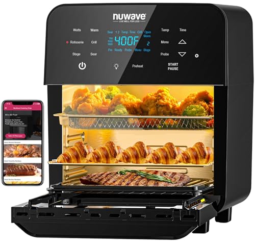 Nuwave Brio 15.5Qt Air Fryer Rotisserie Oven, X-Large Family Size, Powerful 1800W, 4 Rack Positions, 50°-425°F Temp