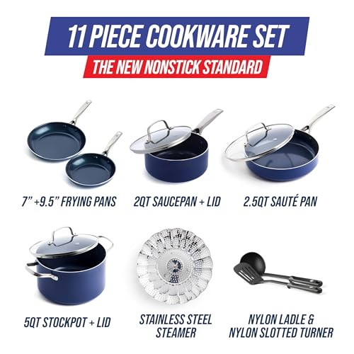 Blue Diamond 11 Piece Cookware Set, Diamond Infused PFAS & PFOA-Free Ceramic Nonstick Pots and Pans, Durable Nontoxic Metal Utensil Safe & Scratch Resistant, Dishwasher & Oven Safe, Blue