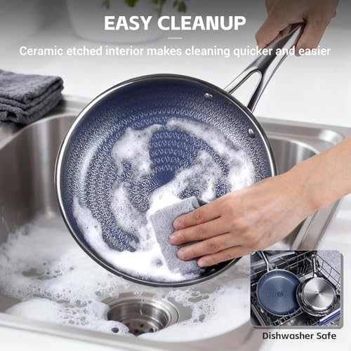 Ammeloo Hybrid Tri-Ply Stainless Steel Frying Pans Set, 8"/9.5"/11" Cooking Pans, Non Stick Frying Pans and Skillets, Chef Pan, Non Toxic, Dishwasher Safe, Induction Compatible, Blue Interior