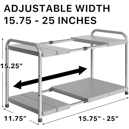 Simple Houseware Under Sink 2-Tier Heavy Duty Expandable Rack Organizer, Adjustable Width 15.75–25 Inches with 4 Shelf Height Levels, Silver