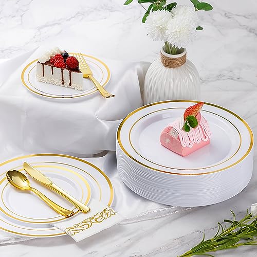 Goodluck 700 Pieces Gold Dinnerware Set for 100 Guests, Disposable for Party, Include: 100 Gold Rim Dinner Plates, 100 Dessert Plates, 100 Paper Napkins, 100 Cups, 100 Plastic Silverware Set