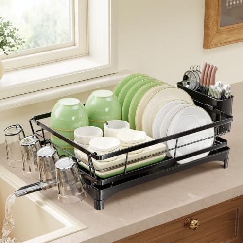 Simple Trending Dish Drying Rack for Kitchen Counter, Stainless Steel Dish Rack, Large Dish Drainer Organizer with Cutlery Holder & Cup Holders, Black