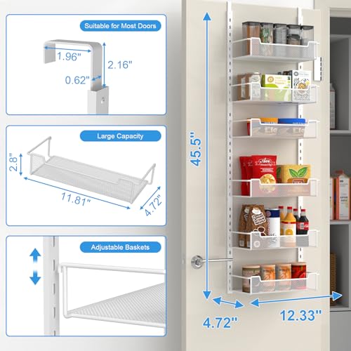VyGrow 12.3" W Narrow Over the Door Pantry Organizer, 6-Tier Over the Door Organizer with Adjustable Basket, Pantry Door Organization for Pantry Kitchen Storage Room Spice Rack, White