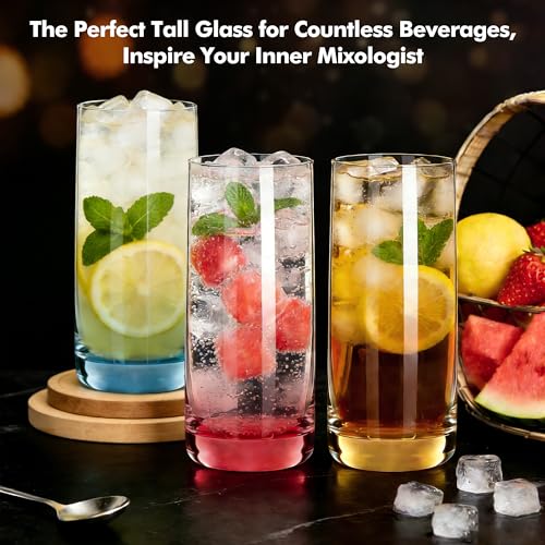GLAZVIA Colored Highball Glasses Set of 6,13oz Drinking Glass Cups for Mixed Drink Cocktail, Beer, Mojito, Water and Juice,Thick Tall Crystal Glassware for Kitchen, Restaurant, Home Bar and Parties