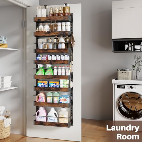 8 Tier Over The Door Pantry Organizer, 2 IN 1 Wall Mount or Metal Hanging Spice Rack for Pantry Organizers and Storage, Seasoning Shelves，Adjustable Basket with Hooks for Kitchen Cabinet and Closet