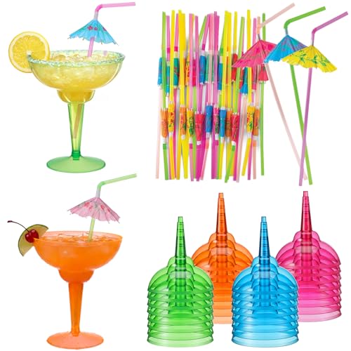 Honeydak 86 Pcs Plastic Margarita Glasses with Cocktail Straws, 36 Pcs 12 oz Disposable Margarita Glass Cups, 50 Pack Straws for Cocktails Summer Party Tropical Beverages, Multicolor(Hawaiian)